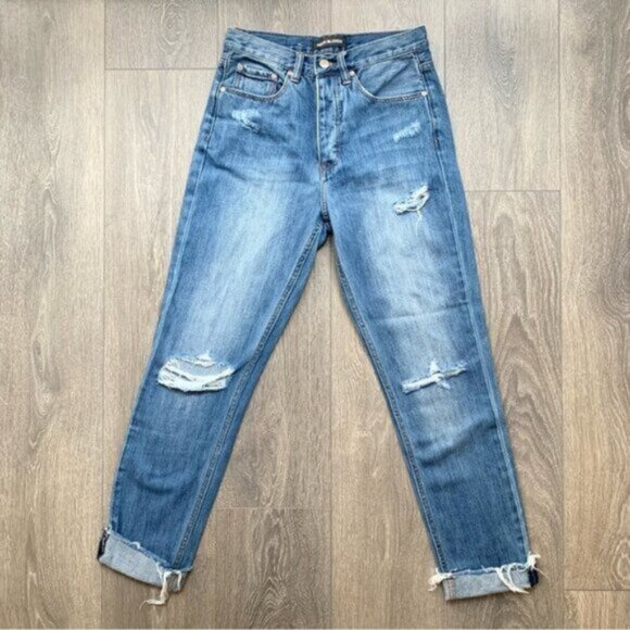 FREE PEOPLE Neon Blonde High Rise Tapered Jeans Straight leg Distressed Raw hem - Picture 3 of 13